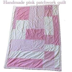Handmade pink white kittens kitty cat flowers hearts patchwork quilt 72” x 53”